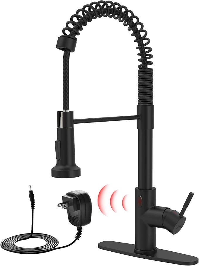 GIMILI Black Touchless Kitchen Faucet with AC Adapter, Smart Motion Sensor Hands Free Single Handle Kitchen Sink Faucet with Pull Down Sprayer, Matte Black