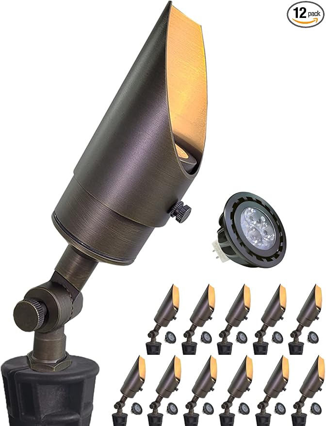 MALORY Brass Landscape Spotlight 12-Pack with MR16 Bulb Kit(S04), Low Voltage 12V AC/DC Shroud Adjustable Outside Yard Lights,PVC Ground Stake and Wire Connector Included, 5W 2700K Warm White