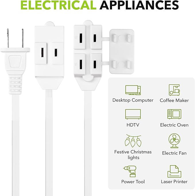 HBN Indoor Extension Cord, 6ft 3 Pack, White, 3 Outlets with Safety Cap Included, 2 Prong Polarized Plug, Perfect for Homes, Offices, and Kitchens