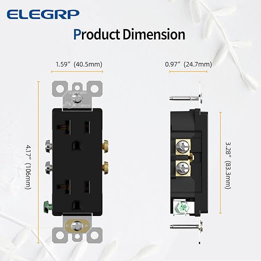 ELEGRP Glossy Black Decorator Electrical Wall Outlet Receptacle, 20A 125V Standard Outlets, 2 Pole 3 Wire, Non-Tamper Resistant, NEMA 5-20R, Self-Grounding Wall Outlet, UL Listed, 5 Pack