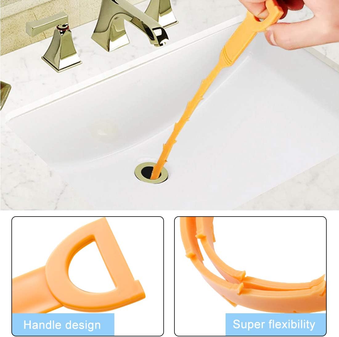 Omont Snake Drain Hair Clog Remover Tool, 34 Inch Stainless Steel Claw and 3 Pack 19. 7 Inch Plastic Sink Unclogger Tool, Sink Drain Cleaner Tool for Kitchen, Sink Bathroom, Tub Toilet Orange (3+1)