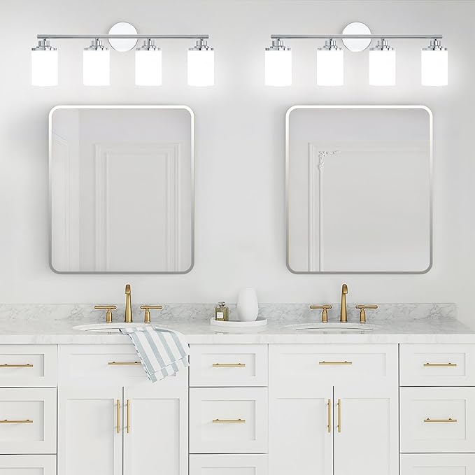 Chrome Bathroom Light Fixtures,4-Light Chrome Vanity Lights,Chrome Bathroom Lights Over Mirror,Mid-Century Modern Sconce with Frosted Glass