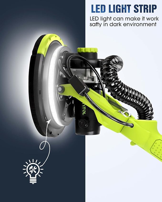 Drywall Sander, 7.2A Electric Drywall Sander with Vacuum Dust Collection, 6 Variable Speed 900-1800RPM, LED Light, Foldable & Extendable Handle, 9 Pcs Sandpaper&3 Pcs Grid Sandpaper, Full Green