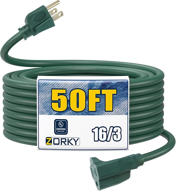 50ft Outdoor Extension Cord for Christmas Decorations- 16/3 Heavy Duty SJTW Waterproof Green Electrical Cable with 3 Prong Grounded Plug for Safety, Great for Lawn and Major Appliances