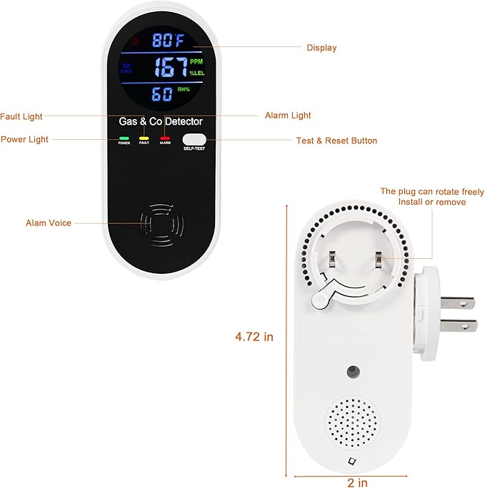 2 Packs Combination Gas & Carbon Monoxide Detector, 4-in-1 Natural Gas Detector & Carbon Monoxide Alarm with Temperature(°F) & Humidity,Propane & CO Detector for Home,RV,Apartment