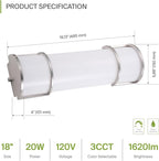 ASD LED 18" Vanity Flush Mount Light Fixture, Linear Bathroom Lighting Bar | 3CCT, Dimmable, Energy Star, ETL Listed | 20W 1650LM 3000-5000K 120V | Long Bath Wall Sconce Over Mirror | Nickel, 2 Pack