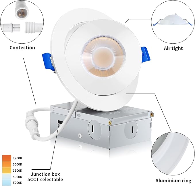 Gimbal Recessed Lighting 4 Inch 6 Pack, Ajustable Eyeball recessed Light with Junction Box,5 Color Selectable,Airtight,9W 750LM,Dimmable,White