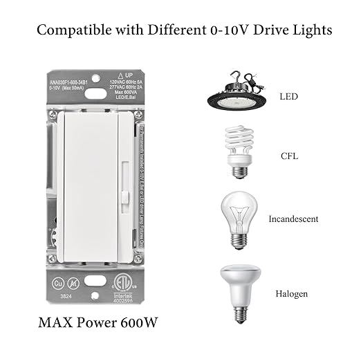 0-10V LED Dimmer Switch for 0-10V Dimmable LED Lights, Single-Pole or 3-Way, Wallplate Included, ETL Listed