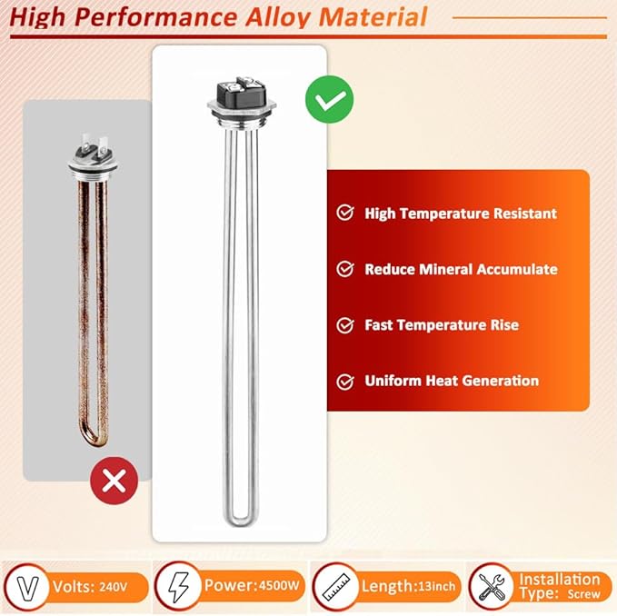 Mornajina 02582 Electric Water Heater Elements 4500W 240V, Hot Water Heater Replacement Parts Screw-in RV Hot Water Heater Fit Most Models, Straight Type