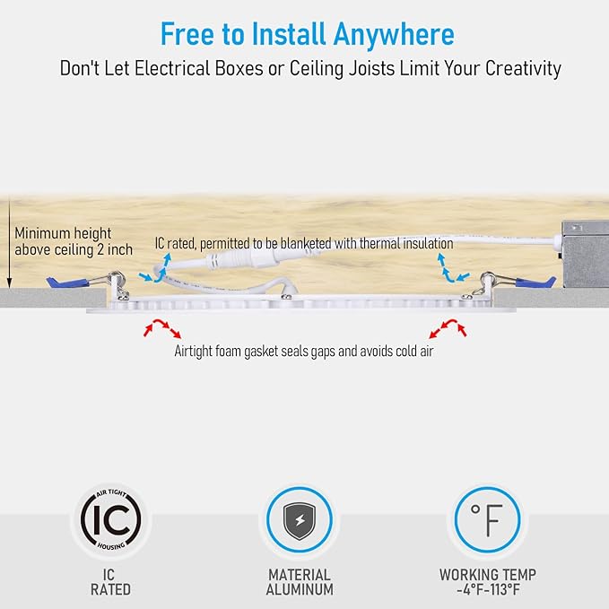 TORCHSTAR 8 Inch 5CCT Ultra-Thin LED Recessed Ceiling Light with Junction Box, CRI90, 27003000350040005000K Selectable, 18W Dimmable Slim Canless Wafer Downlight, ETL & ES & FCC, Pack of 6