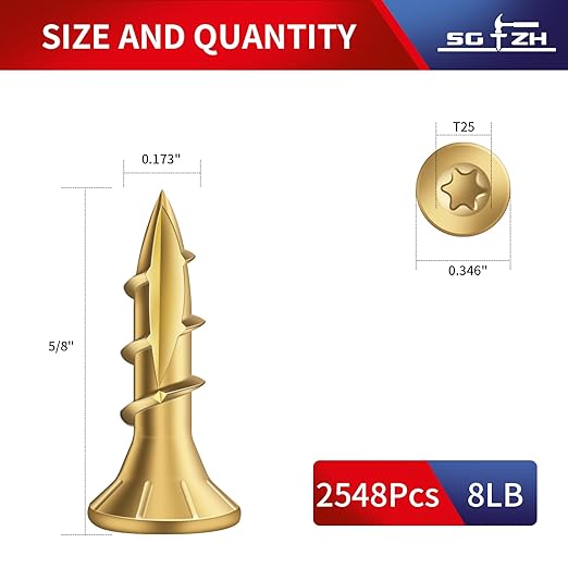 #8 x 5/8" Deck Screws (2548Pcs) 8lb. Exterior Wood Screws. Carbon Steel, Tan, Flat Head, Rust Resistant epoxy Coated, with T25 Star Bit