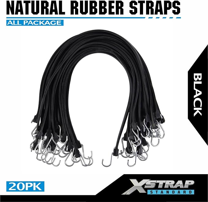 XSTRAP STANDARD 20 Pack 31'' Adjustable Natural Rubber Tarp Straps, EPDM Bungee Cords with Metal S Hooks, Ideal for Securing Tarps, Canvases, Motorcycle, and Cargo
