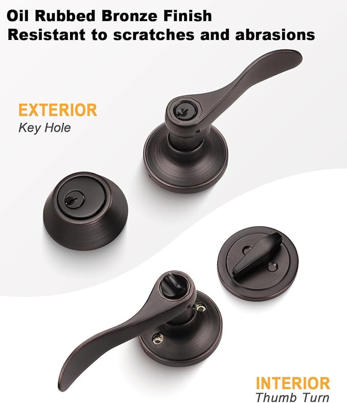 Gobrico 3 Pack Wave Entry Door Levers and Single Cylinder Deadbolt Front Combination Lockset, Oil Rubbed Bronze Keyed Alike Exterior Door Handles with Lock and Deadbolt in Same Key
