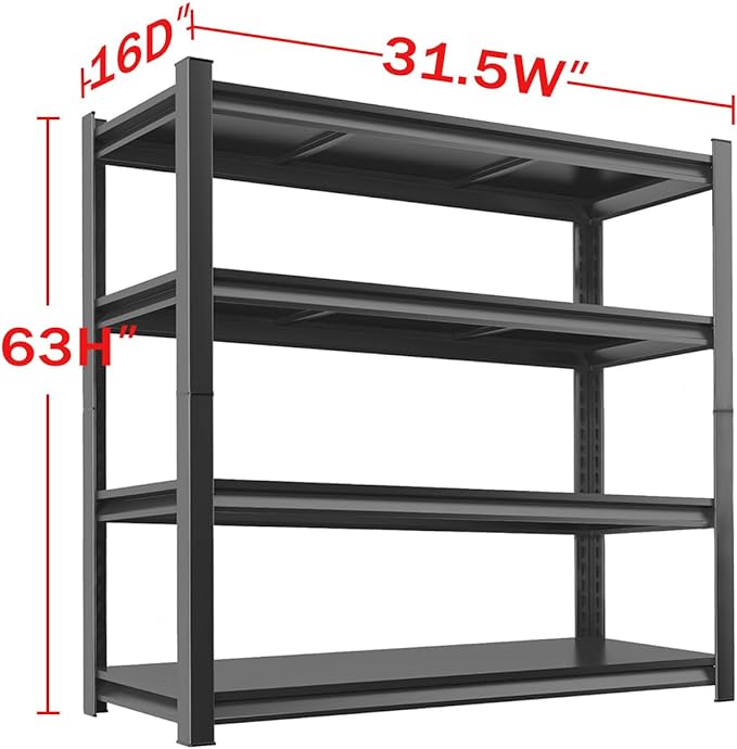 Metal Garage Storage Shelves Heavy Duty Shelving Unit 4 Tier Steel Adjustable Organizing Shelves 2500 LBS Capacity Industrial Shelving Ideal for Garage Tote Pantry Basement Outdoor, 63”Hx31.5”Wx16”D
