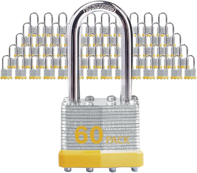 Keyed Alike Laminated Steel Padlocks with Long Shackle for Sheds, Fences & Lockers (60-Pack)
