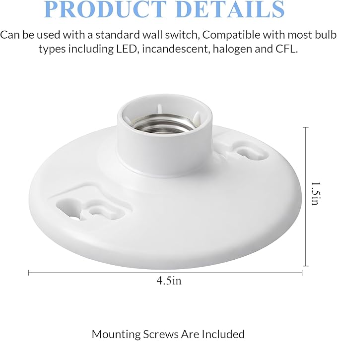 20 Pcs Medium Base E26 Lamp Holder Ceiling Light Sockets White Bulb Socket Incandescent Fluorescent CFL Lamp Holder 660w 250v (Phenolic Resin)