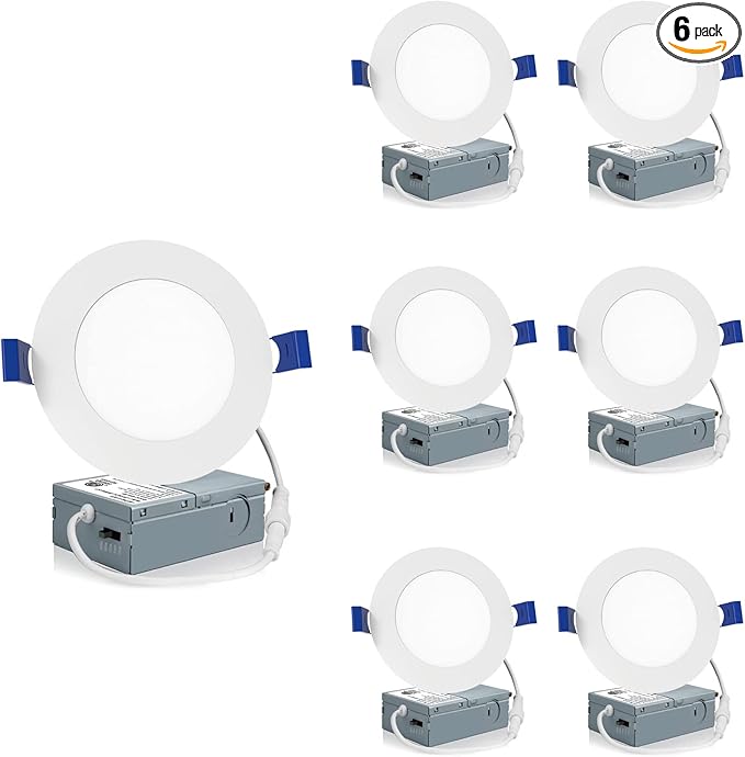 Meconard 6 Pack 4 Inch LED Recessed Ceiling Light with Junction Box, 2700K/3000K/3500K/4000K/5000K Selectable, 9W=75W 750LM, Dimmable Canless Downlights, ETL and Energy Star Listed