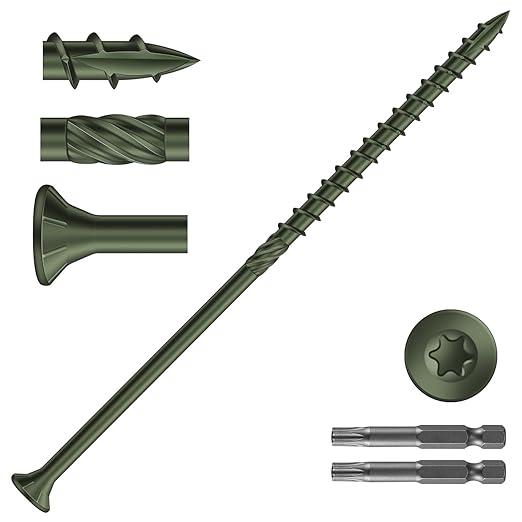 #14 x 7 Inch Deck Screws (215Pcs) 10lb. Carbon Steel, Green, Flat Head, Rust Resistant epoxy Coated, with T30 Star Bit