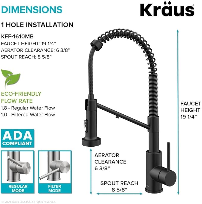 Kraus Bolden 2-in-1 Pull-Down Single Handle Kitchen Sink Filter Water Faucet for Reverse Osmosis or Water Filtration System in Matte Black, KFF-1610MB