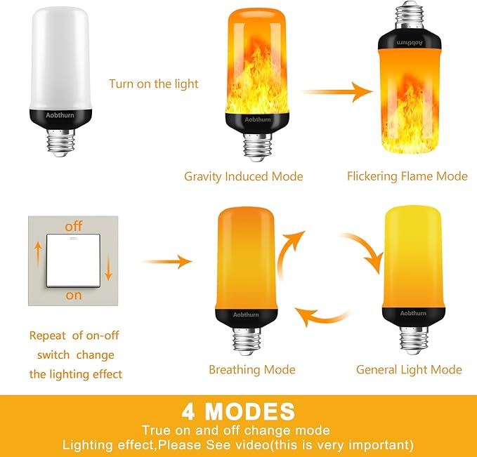 Flame Light Bulbs, 4 Modes LED Flame Effect Light Bulb, E26 Base Flickering Light Bulb with Gravity Sensor,Flickering Light Bulbs Halloween Home Party (Update 2 Pack)