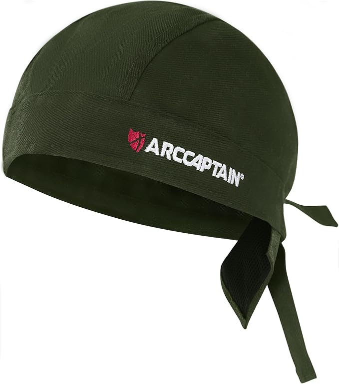 ARCCAPTAIN 2PC Welding Doo Rag, Welding Cap, Protective Welders Cap, Welding Hats for Men, Fireproof Cotton and Durable for Safety, Olive-green, L Size
