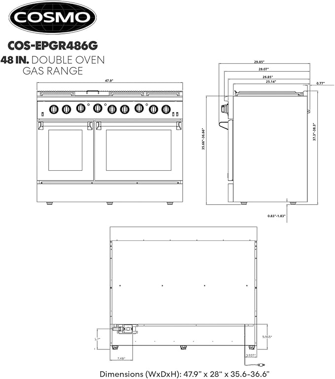 COSMO COS-EPGR486G 48 in. Haven Collection 7 cu. ft. Double Oven Gas Range, 6 Burners, Griddle, Convection, Knob LEDs, Stainless Steel