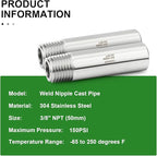 TAISHER 2PCS 304 Stainless Steel Pipe Fittings, 3/8" NPT Male Threaded, 2" Length Weld Nipple Cast Pipe