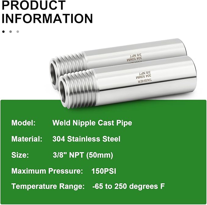 TAISHER 2PCS 304 Stainless Steel Pipe Fittings, 3/8" NPT Male Threaded, 2" Length Weld Nipple Cast Pipe