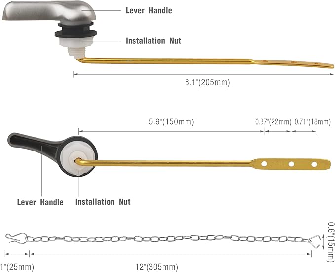 Toilet Handle Replacement Kit - Universal Flush Handle with Stainless Steel Flapper Chain and Brushed Nickel Lever