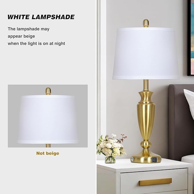 27" Gold Table Lamp Single, Touch Control Modern Bedroom Lamp with USB A+C Ports, 3-Way Metal Bedside Lamp, Elegant Brass Table Lamp for Night Stand Desk Side Table Office (Bulb Inclued)