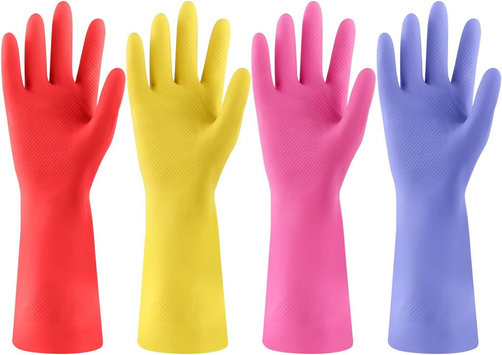 4 Pairs Rubber dishwashing gloves, Kitchen gloves for washing dishes, Household cleaning gloves Reusable Medium Blue+Pink+Yellow+Red