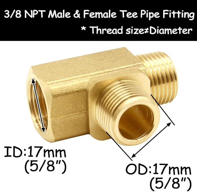 2PCS 3/8 Inch Brass Tee Pipe Fitting 3/8" NPT Male x 3/8" NPT Male x 3/8" NPT Female for Water/Oil/Gas