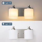 Stainless Steel Milk Glass Vanity Lights for Bathroom, 2 Light Brushed Nickel Bathroom Light Fixtures Over Mirror, Ceramic E26 Sockets Wall Mounted