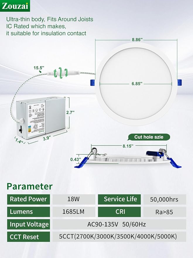 zouzai 1 Pack 8 Inch 18W Eqv 150W 1620LM 5CCT Ultra-Thin LED Recessed Ceiling Light with Junction Box, 2700K/3000K/3500K/4000K/5000K Selectable, 18W Eqv 125W, Dimmable - ETL and Energy Star Certified