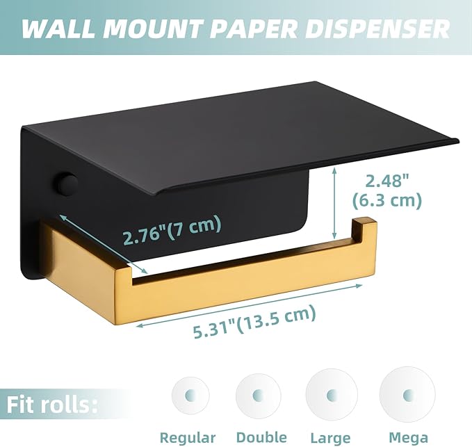 Toilet Paper Holder with Phone Shelf Black & Gold, APLusee 304 Stainless Steel Tissue Roll Dispenser Storage, Bathroom Accessories Wall Mounted