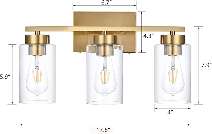 3-Light Bathroom Vanity Light, Modern Brushed Gold Wall Lights with Clear Glass Shades, Bathroom Wall Sconce Lamp for Mirror Living Room Bedroom Hallway