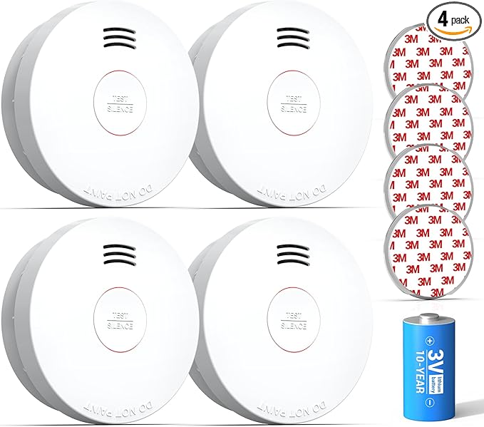 SITERWELL Smoke Detector, Smoke Detector 10 Year Battery with Photoelectric Sensor, Fire Alarm with Low Battery and Fault Warning for House and Bedroom, UL217-9th Listed, GS525A, 4 Packs