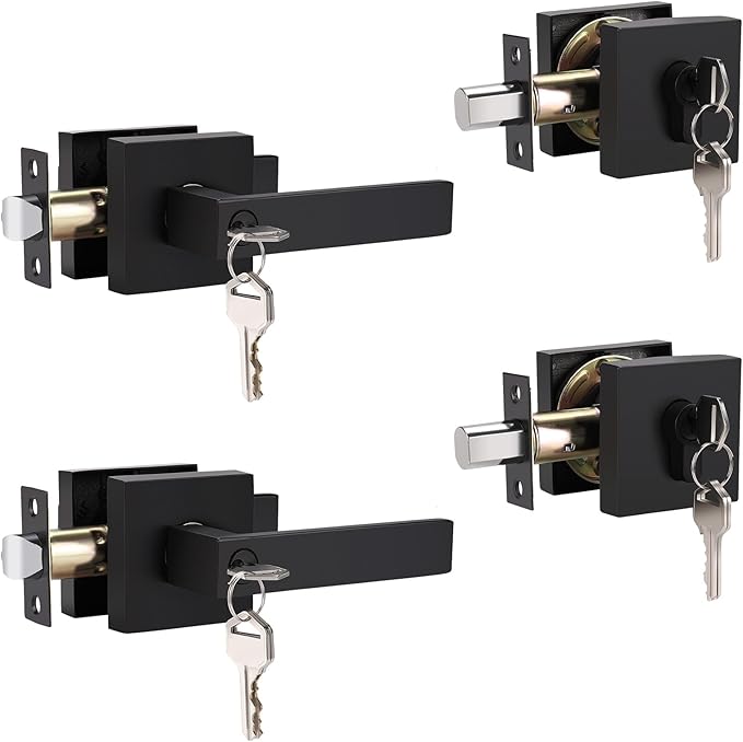 2 Pack Keyed Entry Door Lever and Double Cylinder Deadbolt Set, Keyed Alike Reversible Lockset, Matte Black Square Interior/Exterior Handleset for Bedroom, Front Door