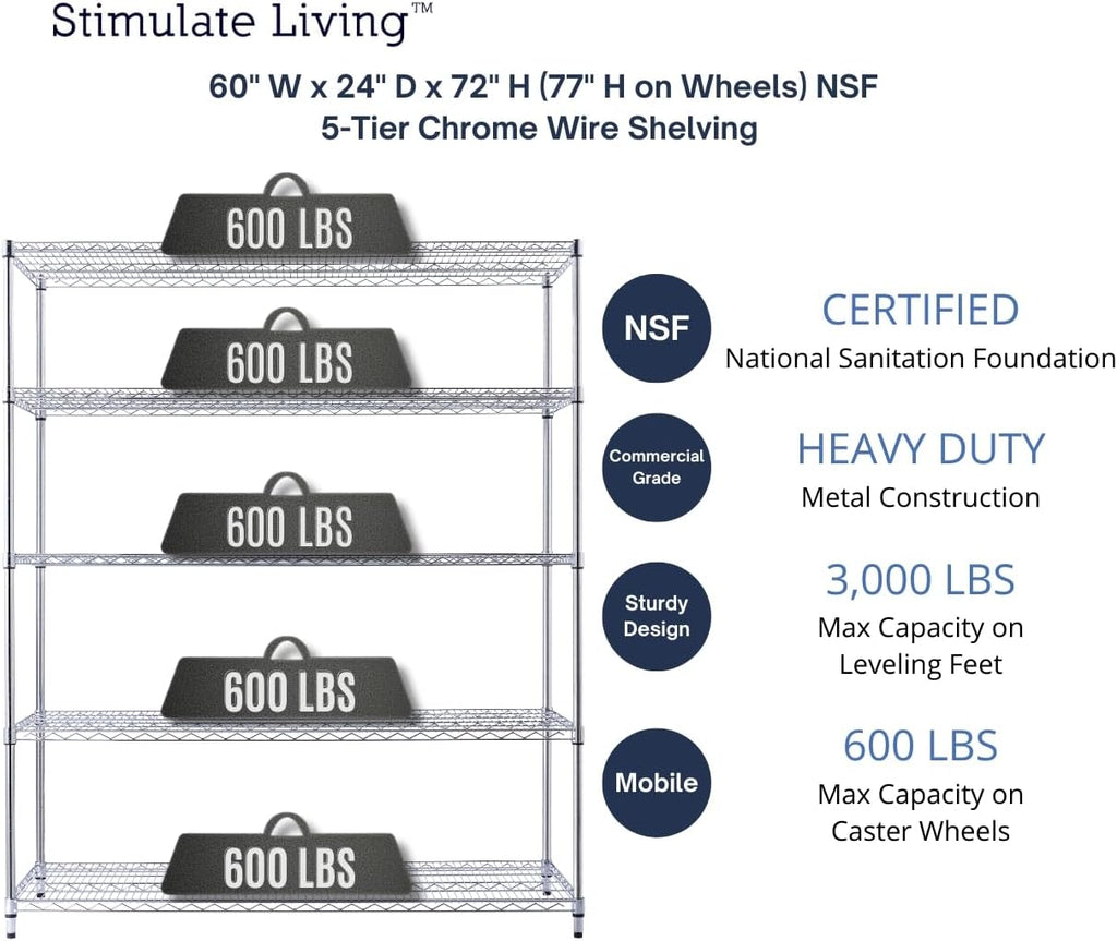60"x24"x72" PRIME HEAVY DUTY Chrome 5-Tier Wire Shelving NSF 3000 LBS MAX Capacity Storage Rack for Commercial, School, Home, Garage, Warehouse, Industrial, and Hospital Uses (with Wheels)