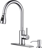 FORIOUS Kitchen Faucet with Soap Dispenser Chrome, Single Handle Stainless Steel Transitional Sink Faucet with Pull Down Sprayer 1 or 3 Hole, Suitable for Farmhouse Laundry Camper RV Bar