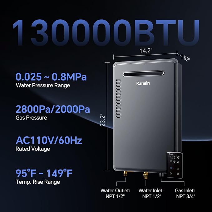 Ranein Propane Gas Tankless Water Heater, Outdoor Max 5.3 GPM, 130,000 BTU Instant Hot Water Heater