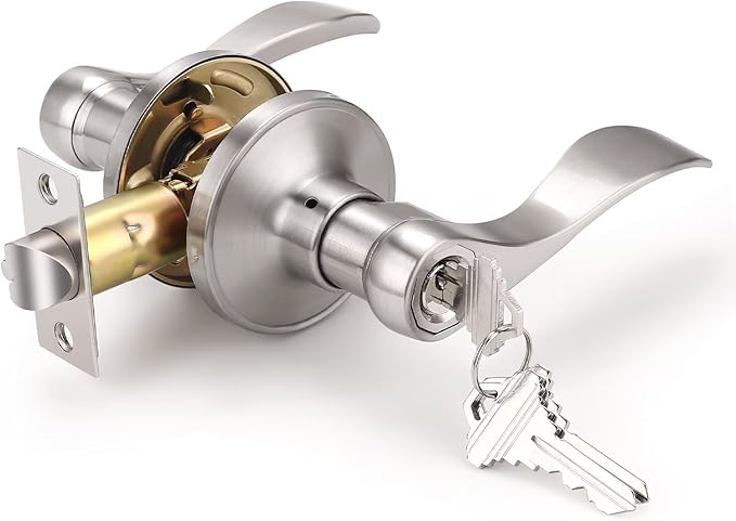 Knobonly Brushed Nickel Entry Door Levers with Keys Wave Style-Reversible for Right or Left-1 Pcs
