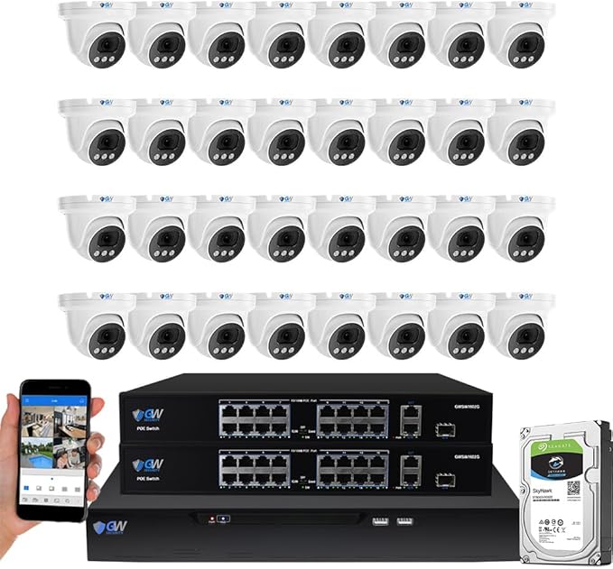 GW Security 32 Channel NVR UltraHD 4K Face Recognition NDAA & TAA Compliant Security Camera System with 32 x 8MP @25FPS Outdoor & Indoor PoE Turret Cameras, 10 Smart AI Functions
