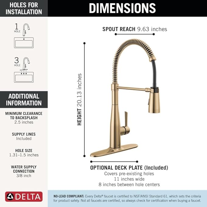 Delta Essa Pro Style Commercial Kitchen Faucet with Pull Down Sprayer, Brushed Gold Single Hole Kitchen Sink Faucet, Single Handle, Champagne Bronze 9613-CZ-DST