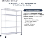 60"x24"x72" PRIME HEAVY DUTY Chrome 5-Tier Wire Shelving NSF 3000 LBS MAX Capacity Storage Rack for Commercial, School, Home, Garage, Warehouse, Industrial, and Hospital Uses (with Wheels)