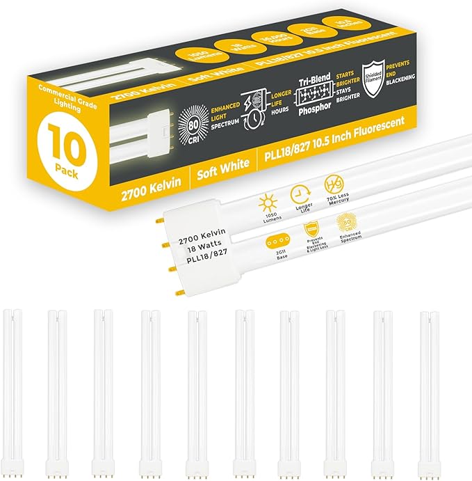 GoodBulb PLL18/827 | 18W 8.9" Twin Tube Compact Fluorescent Light Bulb | 4-pin 2G11 Base 2700K Soft White 1050 Lumen | 36000 Hour Long Life Biax | Pack of 10