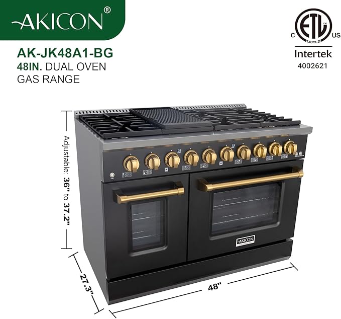 Akicon 48 Inch Freestanding Gas Range - 6.7 cu. ft. Double Rapid Convection Gas Oven - Gas Stove with 8 Sealed Burners & a Griddle, Heavy Duty Cast Iron Grates (Black & Gold)