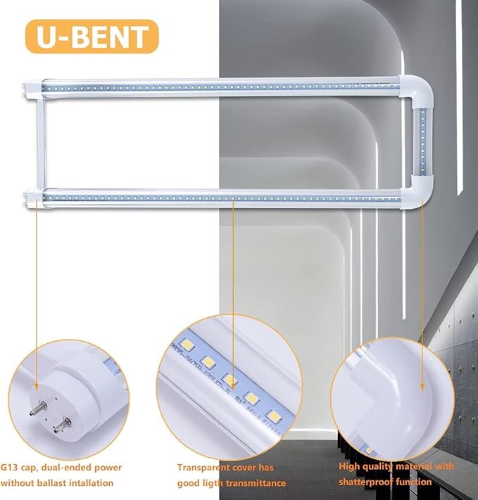 4-Pack T8 U Bend LED Tube Light 2FT 24W (60W Equivalent) U Shaped Bulb 6000K Daylight White 2640lm for Fluorescent Replacement, Dual-End Powered