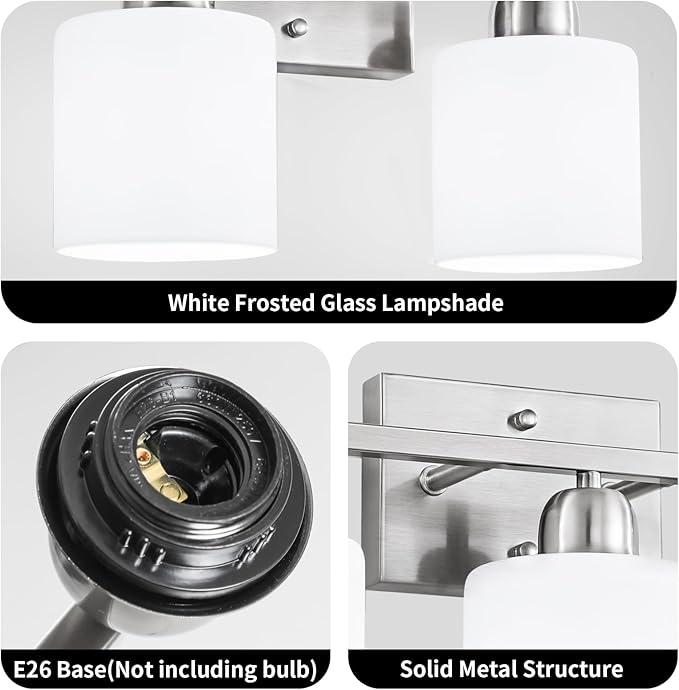 Brushed Nickel Bathroom Light, 2 Light Bathroom Vanity Light Brushed Nickel, Vanity Lamp with Milky White Frosted Glass Shades, E26 Socket