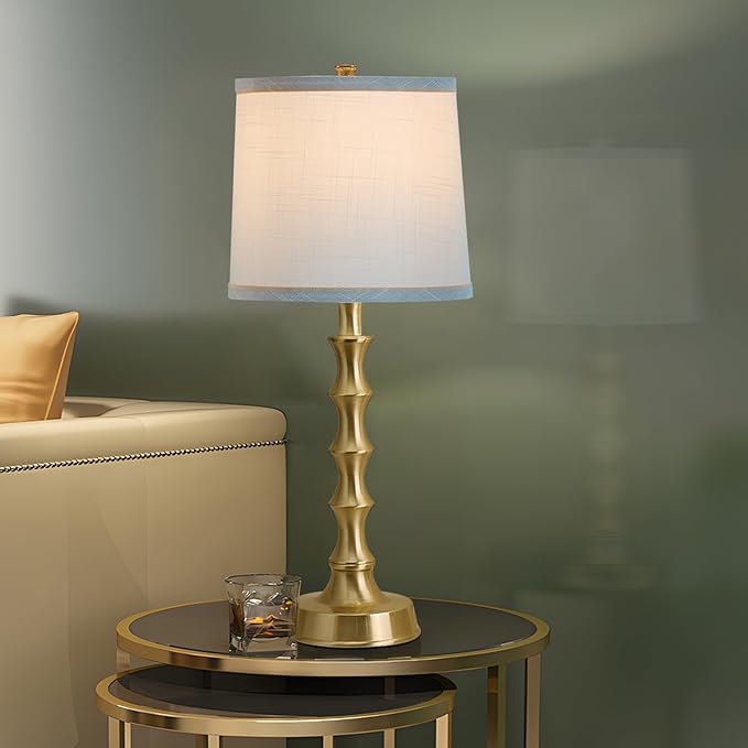 Set of 2 Gold Table Lamps, 24" Electroplated Gold Bamboo Base with White Linen Shade, Compact Nightstand Lamps for Bedroom, Living Room, Office Decor